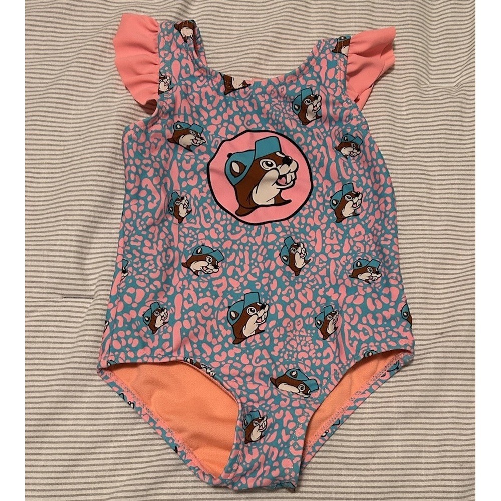 Buc-ee's 2T girls one piece swimsuit beaver logo ruffle cheetah print pink blue